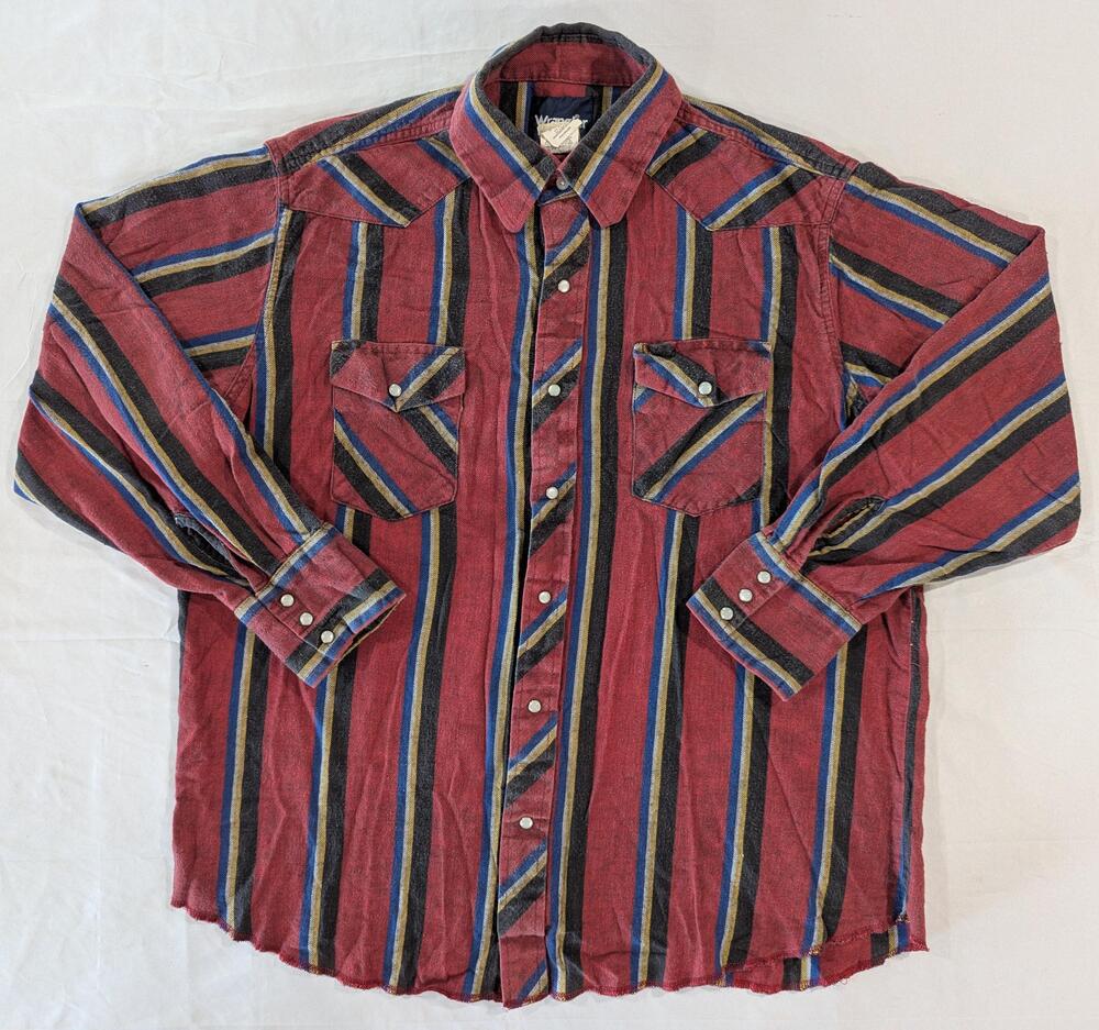 Wrangler Shirt Mens XL Red Striped Long Sleeve Western Pearl Snap Flannel